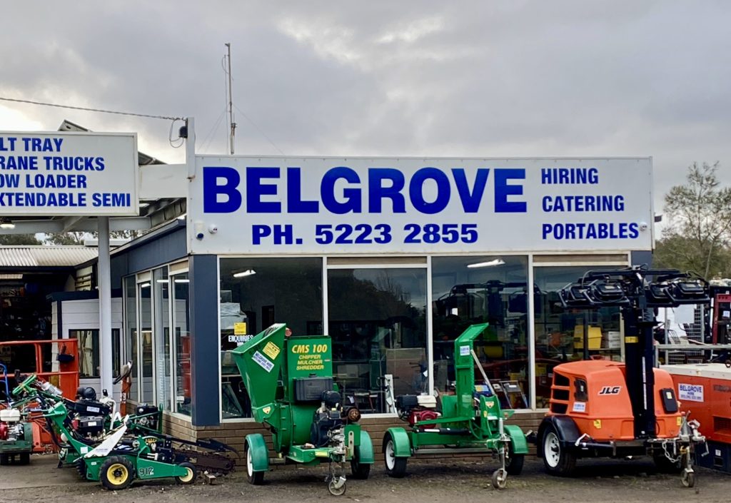 Front of Belgrove Hire store with equipment.